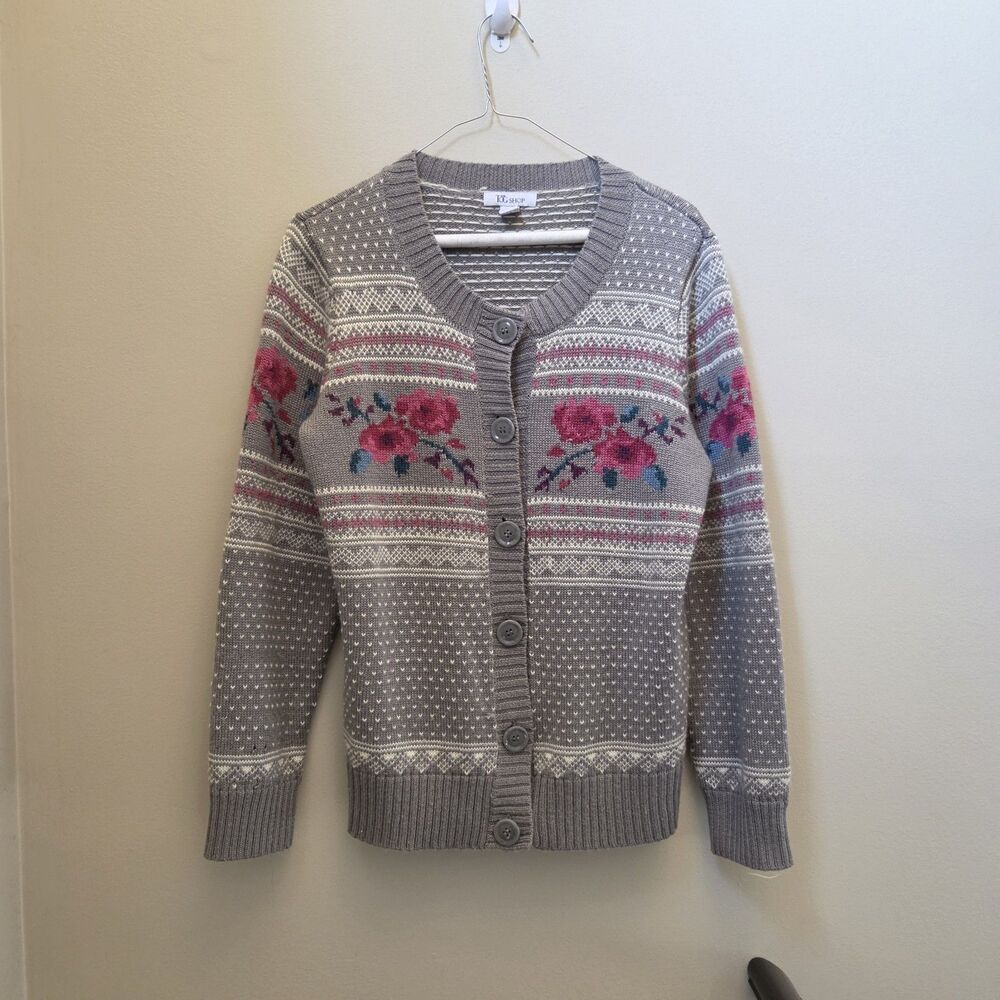 The Tog Shop Wool Blend Floral Rose Grey Cardigan Sz M Fair Isle Nordic Cottage